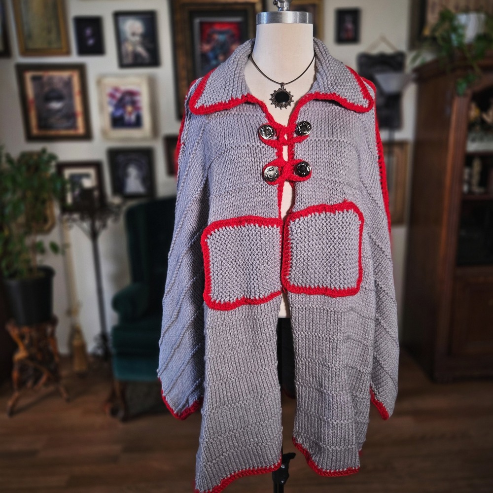 Knit Coat Grey Red Trim Vintage Inspired Poncho Cape Oversized Button Jacket XL